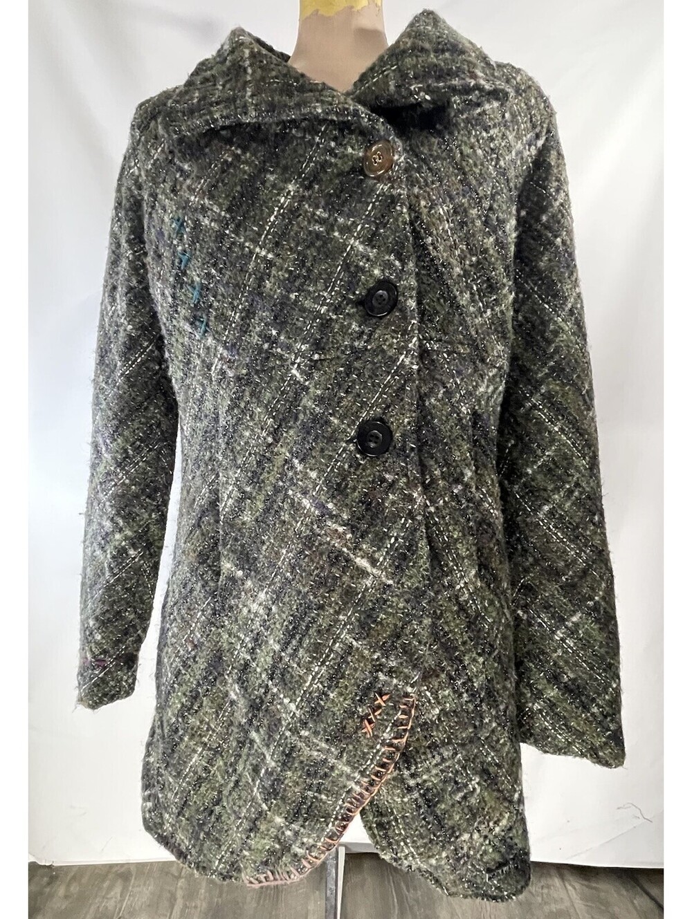 DESIGUAL Womens Tweed Coat Size 16 EU 44 XL Check Embroidered Elbow Patches